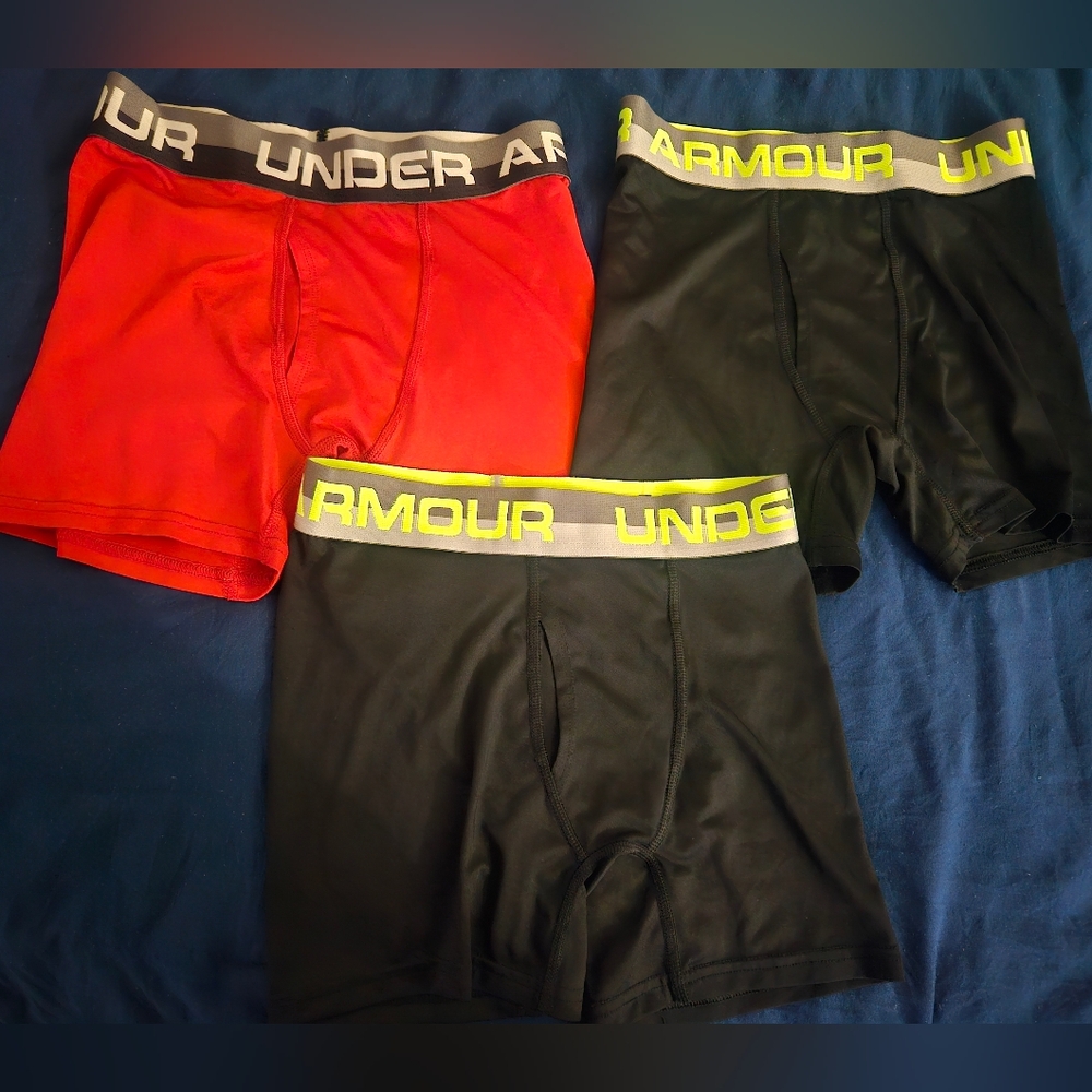 3 Under Armour Boxer Briefs - Red, Black, and Neon Yellow